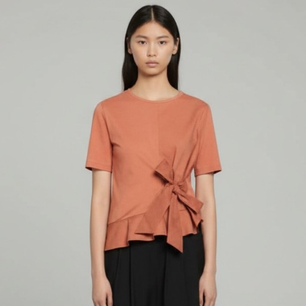 Sandro Paris Node Bow Detail Asymmetric Ruffled Hem T-Shirt in Terracotta Size S